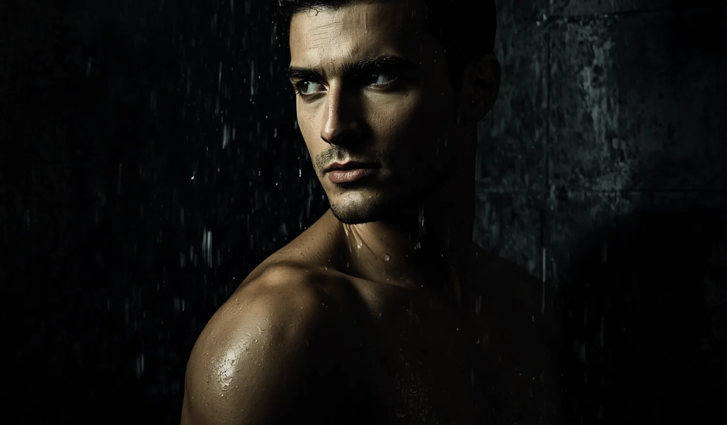 homme prenant une douche dans des tons sombres