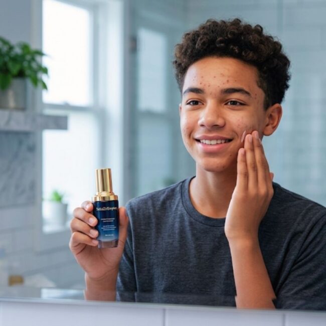 Adolescent apliquant un sérum sur son visage.